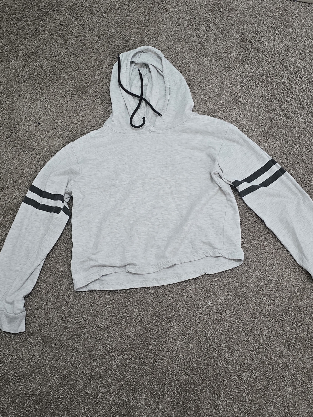 On Fire Light Gray Hooded Pullover with Black Sleeve Stripes 005